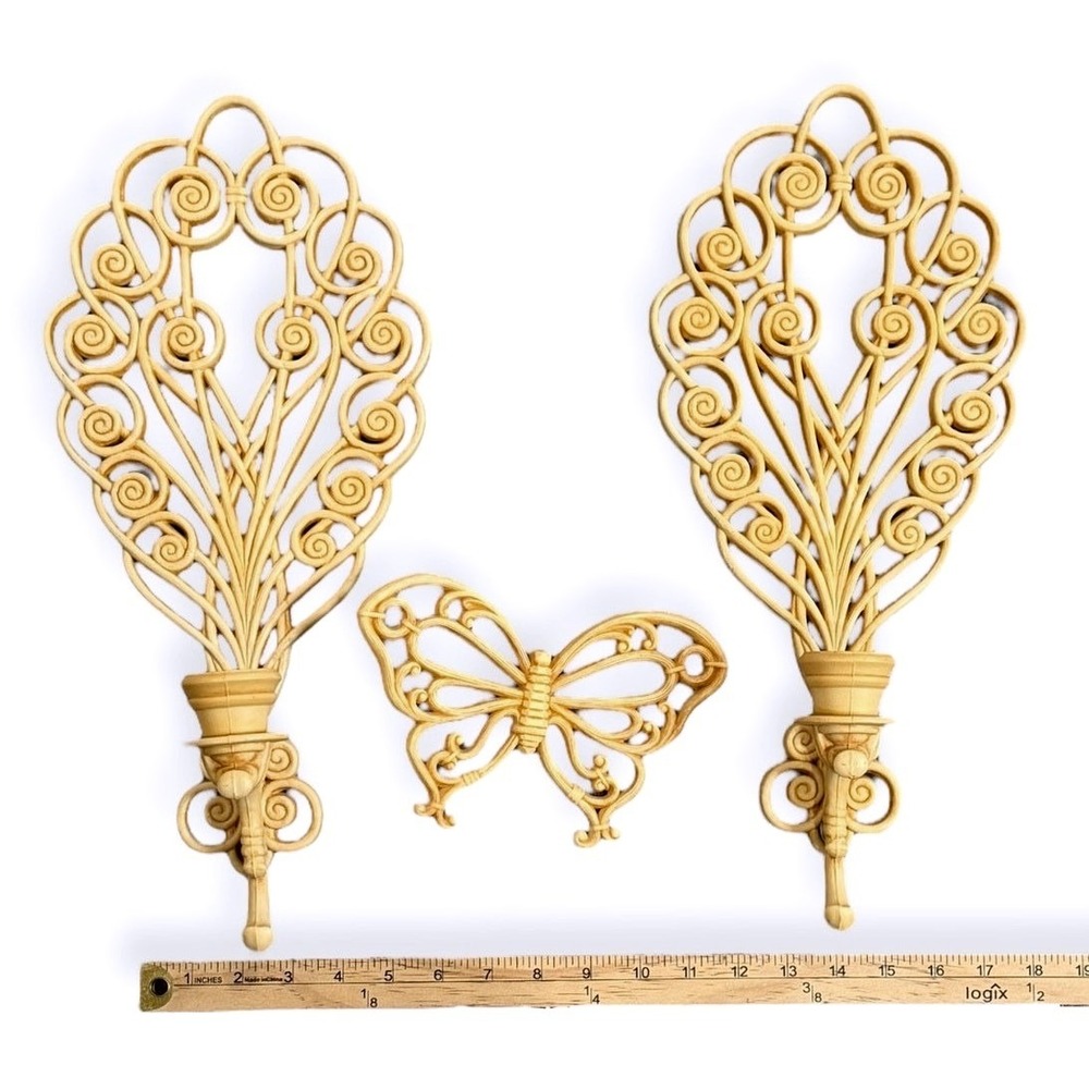 Vintage Burwood Syroco Wall Decor Set Butterfly Fan Plaques Hollywood Regency - Picture 13 of 13